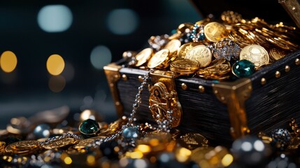 A wooden treasure chest is filled with shiny gold coins and sparkling jewels. The dim lighting creates a mystical atmosphere, enhancing the allure of the treasures inside
