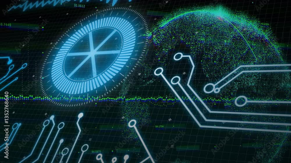 Poster digital circuit patterns and data processing animation over globe visualization