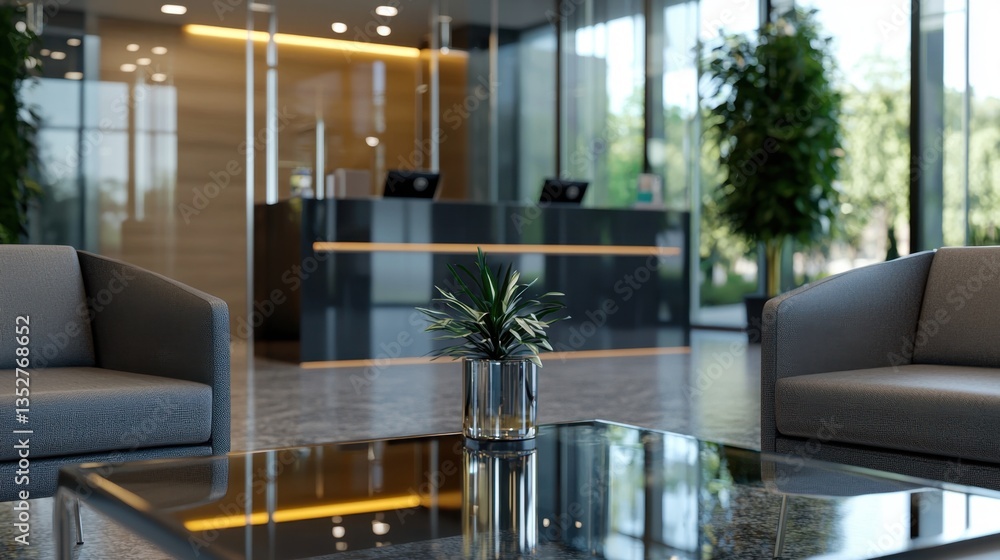 Poster bright and contemporary office lobby features plush seating arrangements and a sleek reception desk.