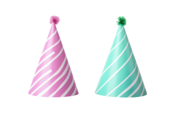 Pink and teal striped party hats with pom-poms on black background, cut out