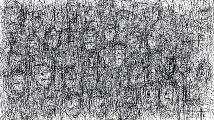 A dense monochromatic drawing featuring numerous stylized human faces