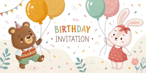 Cute Bear and Bunny-Shaped Balloons with Confetti and a Personalized Birthday Invitation.