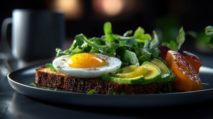 A vibrant breakfast plate showcases toasted whole grain bread topped with a sunny side up egg, fresh avocado slices, and mixed greens. Bright colors create an appetizing sight