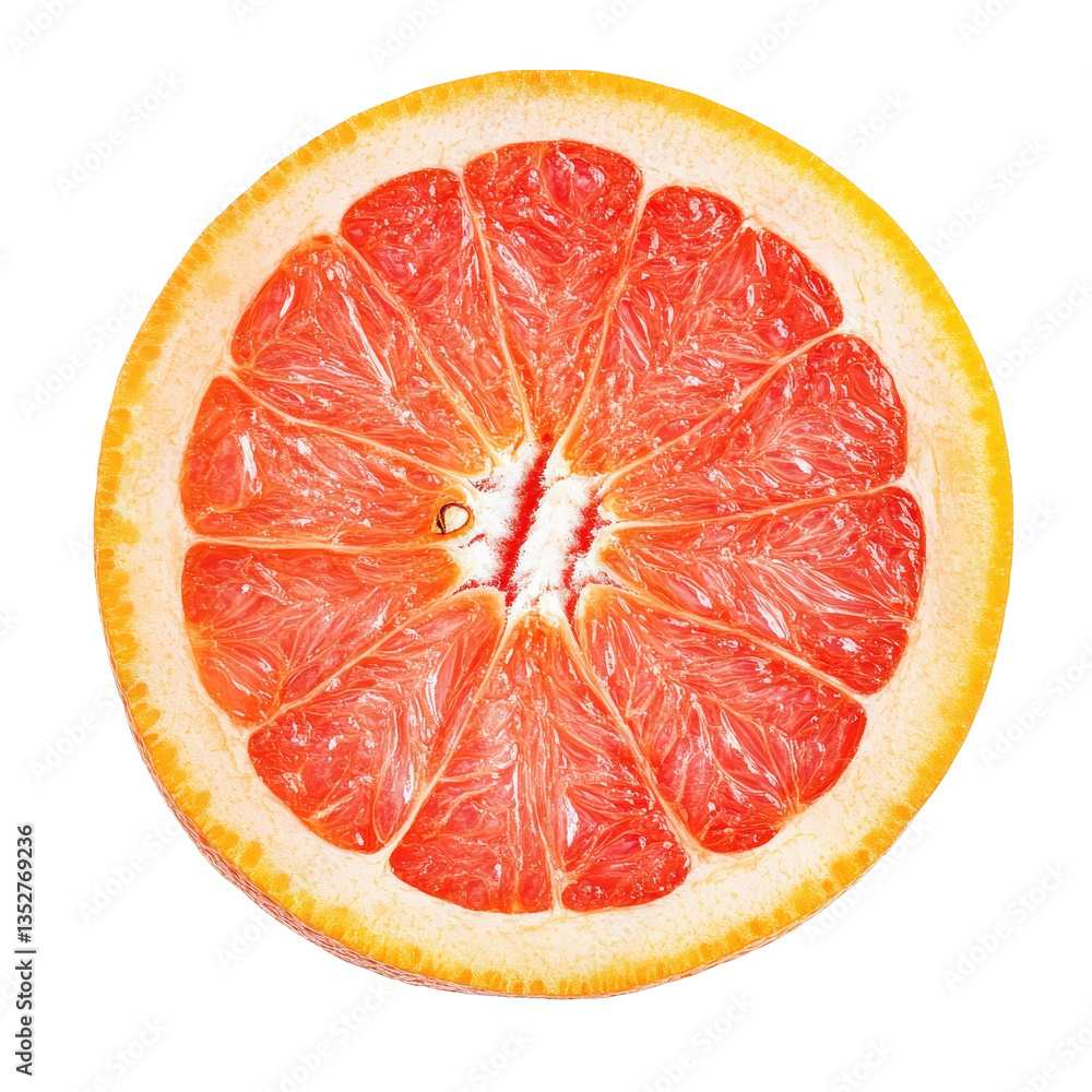 Poster grapefruit slice displaying juicy segments and vibrant colors on a white background, grapefruit slic