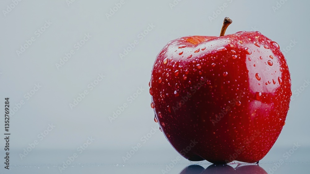 Poster a vivid red apple rests on a shiny surface, adorned with fresh water droplets that enhance its appea