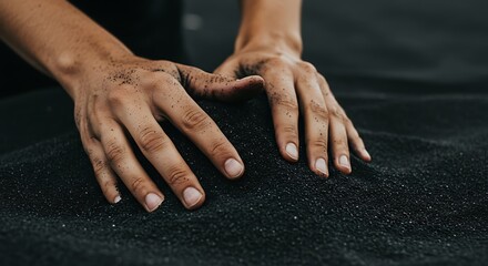 Hands exploring black sand texture