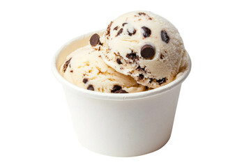 Chocolate chip ice cream in white cup on black background, cut out