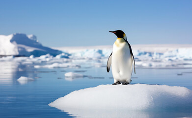 Fototapeta premium A solitary emperor penguin standing on an iceberg, surrounded by icy waters and snow-covered mountains in the background.
