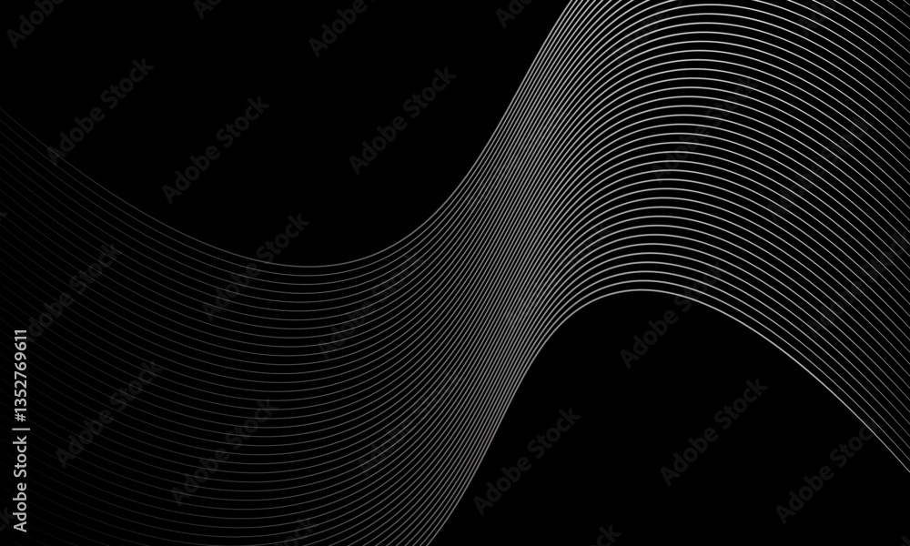 Poster abstract black background with flowing white curved lines creating a wave effect