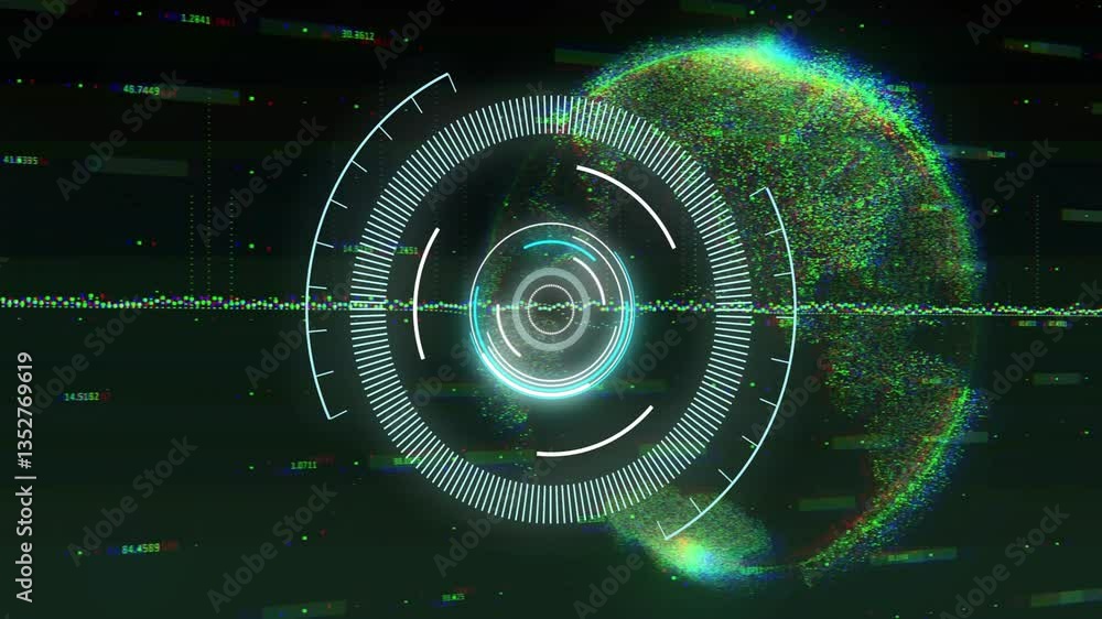 Poster glowing circular elements in futuristic digital animation over abstract globe visualization