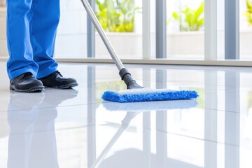 Janitorial worker in blue uniform expertly mopping glossy floor for a streak-free shine in a clean modern environment