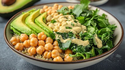 Colorful plant based Buddha bowl quinoa chickpeas avocado and fresh greens plated artistically