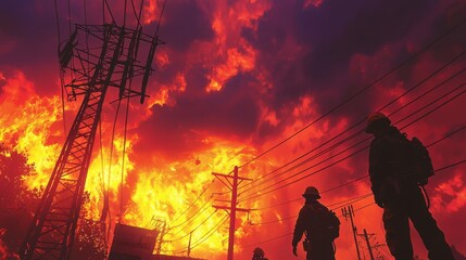 Obraz premium Firefighters respond to intense wildfire while high flames engulf sky at sunset