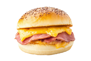 Delicious ham and cheese burger with sesame seed bun on black background, cut out