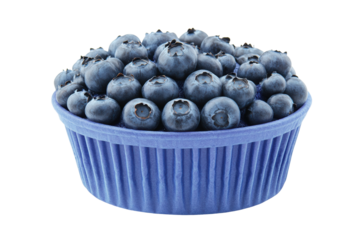 Fresh blueberries overflowing in a blue cupcake liner, cut out