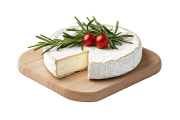 Whole brie wheel with rosemary and cherry tomatoes on wooden board, cut out