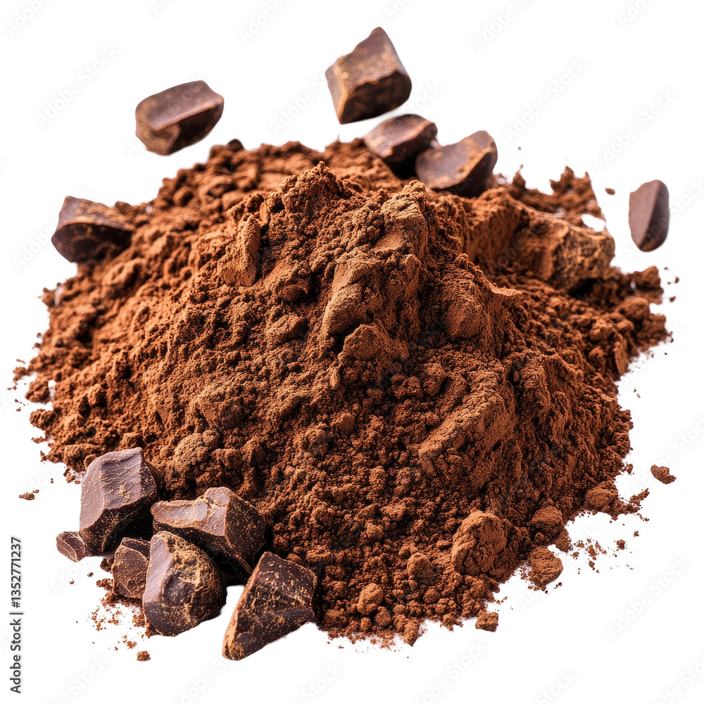 Poster cocoa powder pile with chocolate pieces isolated on a transparent background for culinary uses and r
