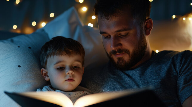 A young boy sits closely to his father as they enjoy a bedtime story together in a softly lit bedroom adorned with fairy lights, creating a warm and intimate atmosphere