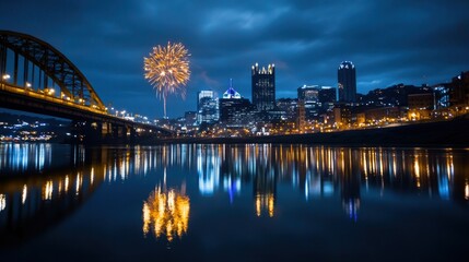 Fototapeta premium Colorful fireworks burst in the sky above the Pittsburgh skyline, reflecting on the water's surface, as the city lights twinkle in the twilight. A bridge arches over the scene