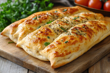 Delicious homemade cheesy bread with herbs baking on wooden board