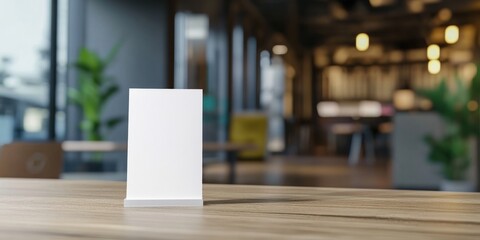 Blank tabletop menu stand in modern cafe.