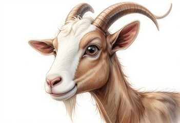 Fototapeta premium a light brown cartoon goat with large horns and large expressive eyes on a white background. It looks cute and quirky.