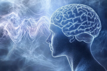 Obraz premium Brain waves flowing from human head: artificial intelligence concept