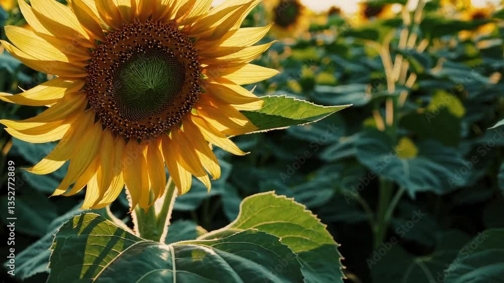 Poster close-up of sunflower in a field during sunset with warm light. nature and growth theme