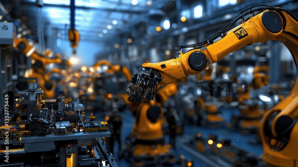 Poster advanced robotic arms are busy assembling components in a modern manufacturing facility. the environ