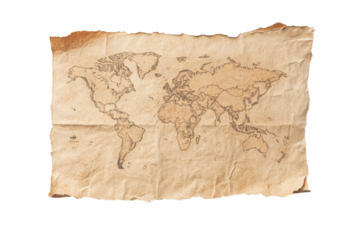 Antique world map on aged parchment paper with weathered edges, cut out