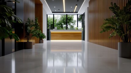 Obraz premium A spacious reception area featuring a clean, minimalist design with wooden accents, large windows allowing natural light, and vibrant indoor plants, creating a welcoming atmosphere