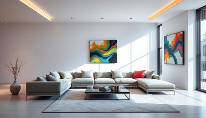 Sleek minimalist living room with modular sofa, large window, and abstract art, airy, lines