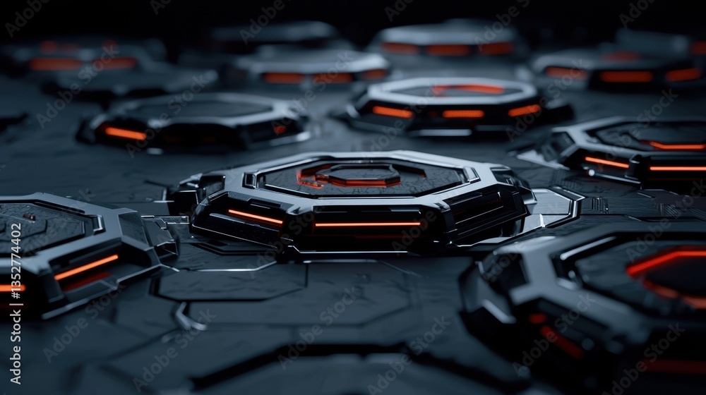 Poster dark surfaces are adorned with hexagonal shapes featuring glowing orange accents, creating a strikin