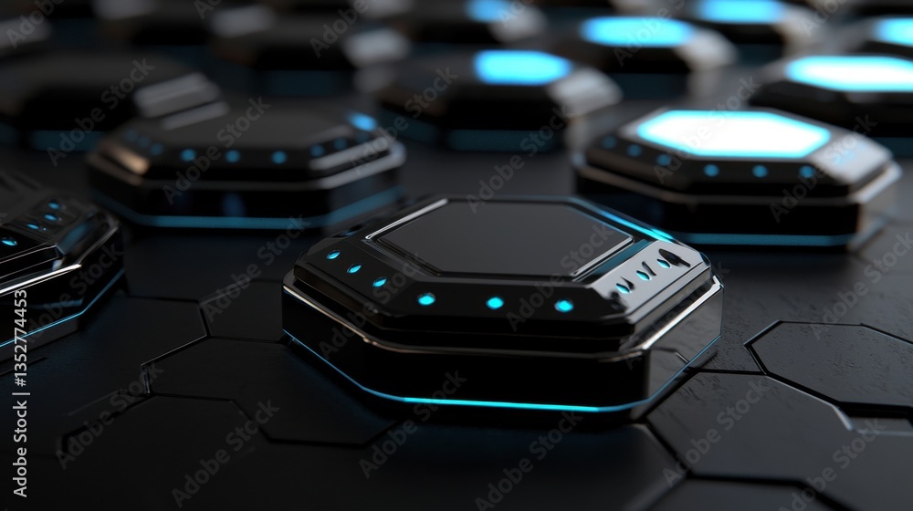 Poster close-up view of hexagonal tiles arranged on a dark surface, showcasing a high-tech aesthetic with g