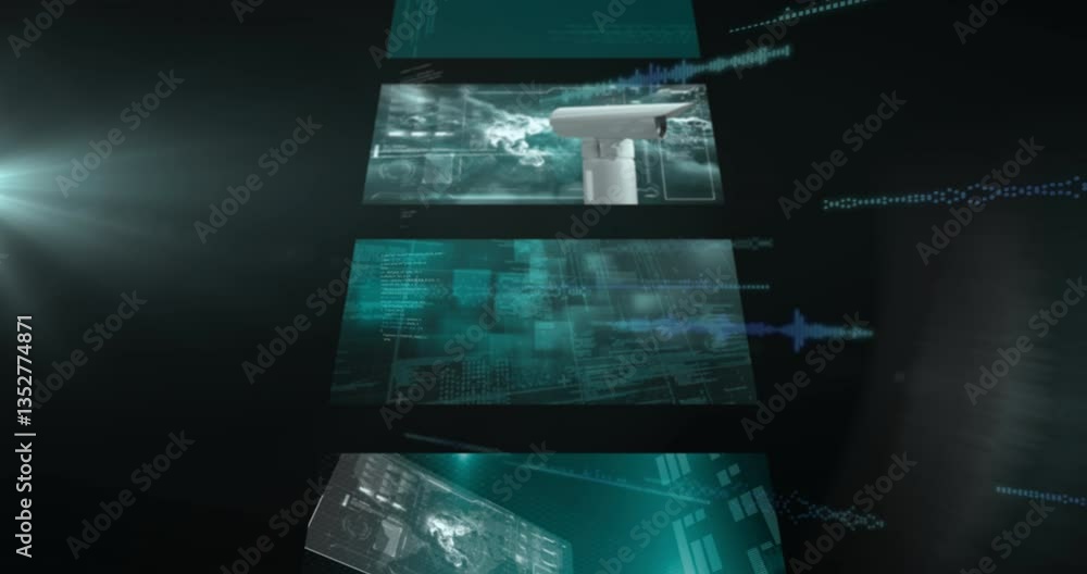 Poster surveillance camera and digital data processing animation over futuristic screens