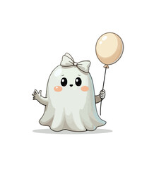 A cute simple line drawing of a ghost wearing a pumpkin on transparent background