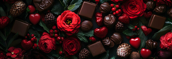 Valentinea??s Day flat-lay with flowers and chocolates