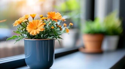 Fototapeta premium Orange Flowers in a Blue Pot on Windowsill