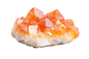 Vibrant orange calcite crystal cluster with sparkling facets on black background, cut out