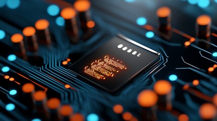 Abstract Digital Interface Glowing Orange and Blue Circuit Board Microchip