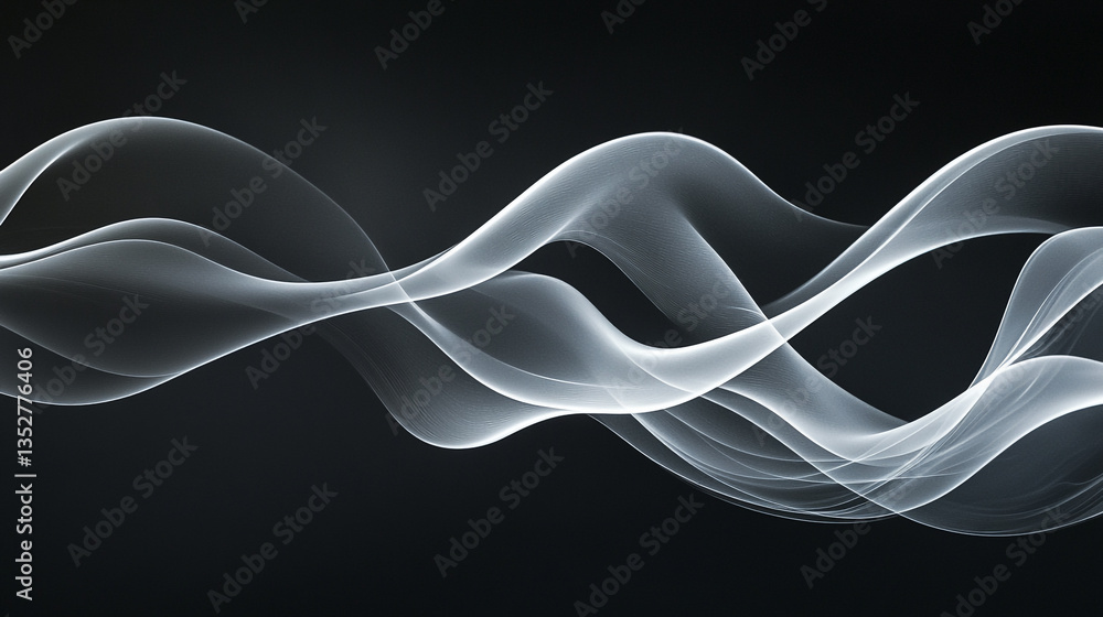 Aufkleber abstract white smoke waves flowing horizontally across a dark black background creating a smooth eff