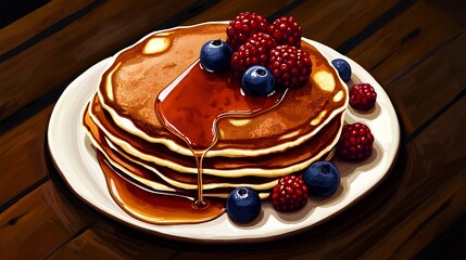 Cozy weekend brunch scene featuring stack of fluffy pancakes syrup drizzle and fresh berries on a stylish wooden table