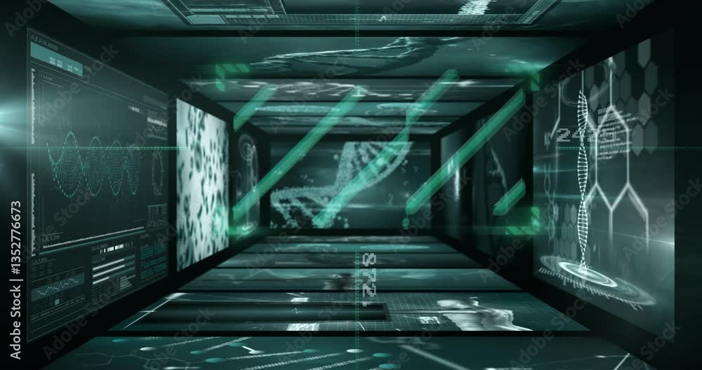 Poster futuristic digital tunnel with dna strands and data processing animations