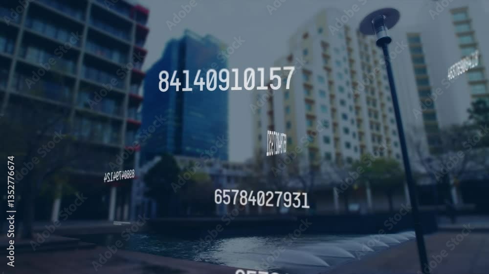 Poster animation of numbers and data floating over urban landscape with modern buildings