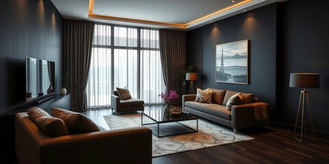 Sophisticated dark living room with modern furniture,  stylish, furniture
