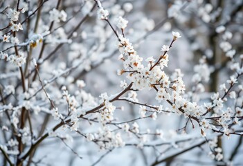 Sparse snow-covered branches, delicate white blossoms, soft light, frosty, cold