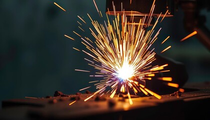 Sparks shower as molten metal welds two pieces together, intense, industry