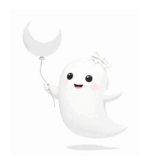 Halloween kawaii ghost character hold bunch of colorful balloons Isolated cartoon vector cute spook personage celebrating party radiating charm and innocence with its playful and endearing presence