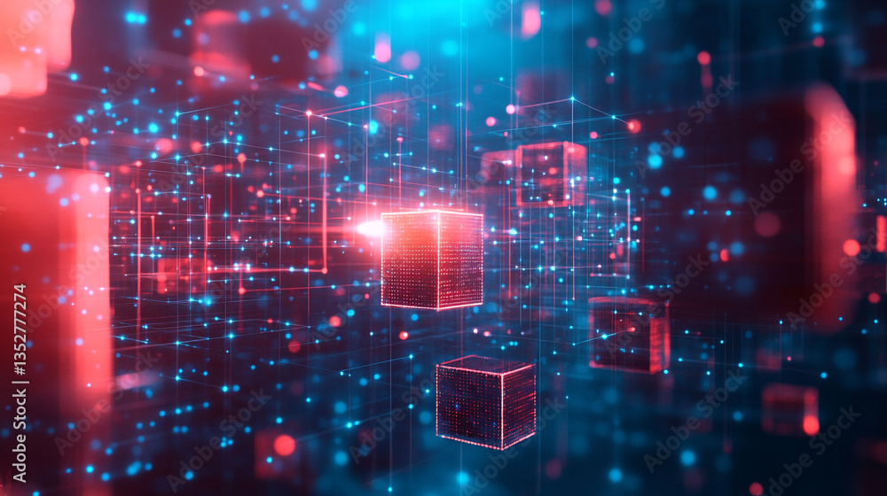 Poster abstract cubes with glowing lines and particles in a network of red and blue light background