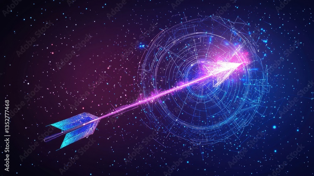 Aufkleber digital arrow in vibrant colors flying through a cosmic space with abstract patterns and energy trai